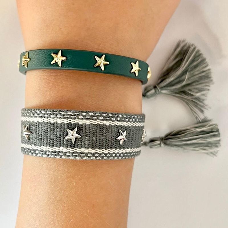 Woven Friendship Bracelet W/Star Studs Dark Sage W/Silver